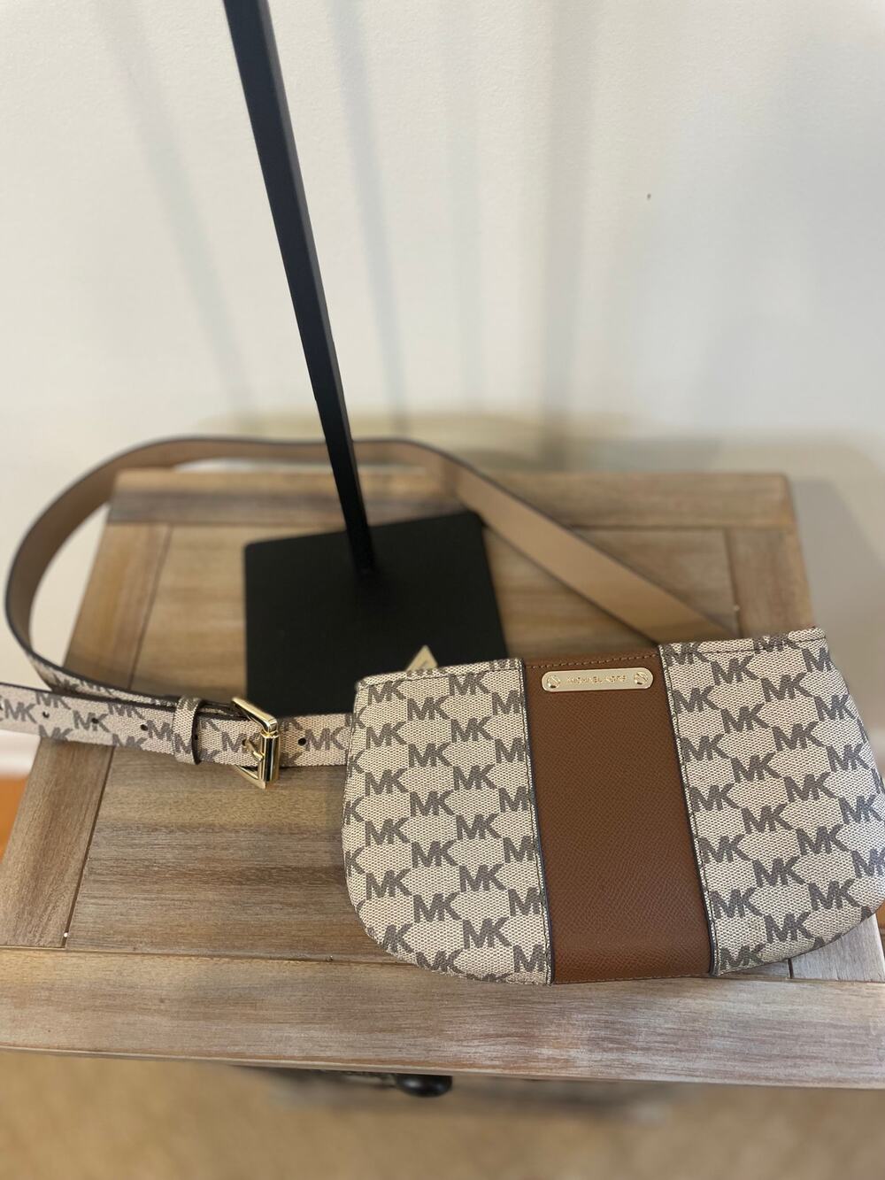 Michael Kors Tan + Brown MK Logo Belt Bag Sz L/XL